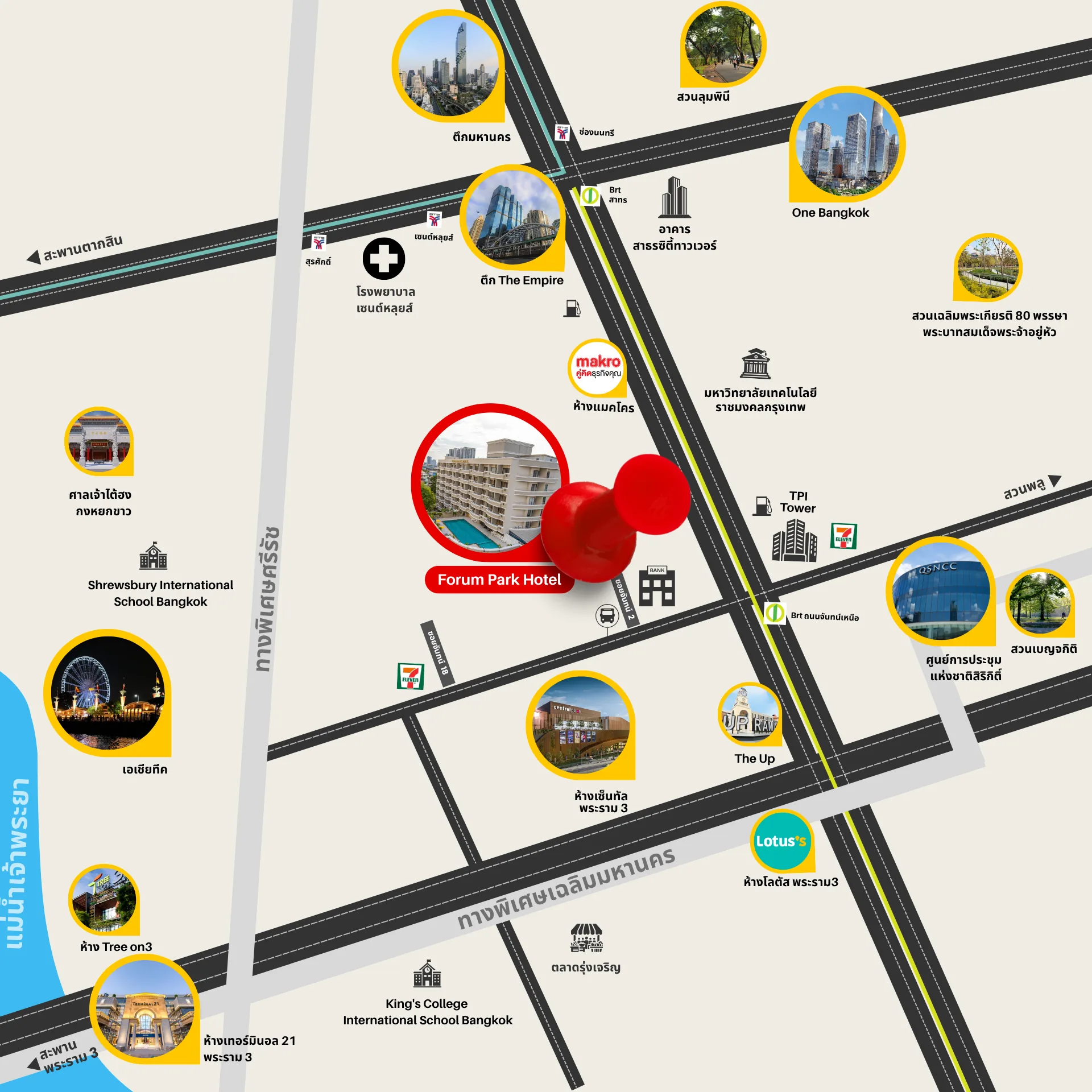 Map and directions to Forum Park Hotel with nearby landmarks